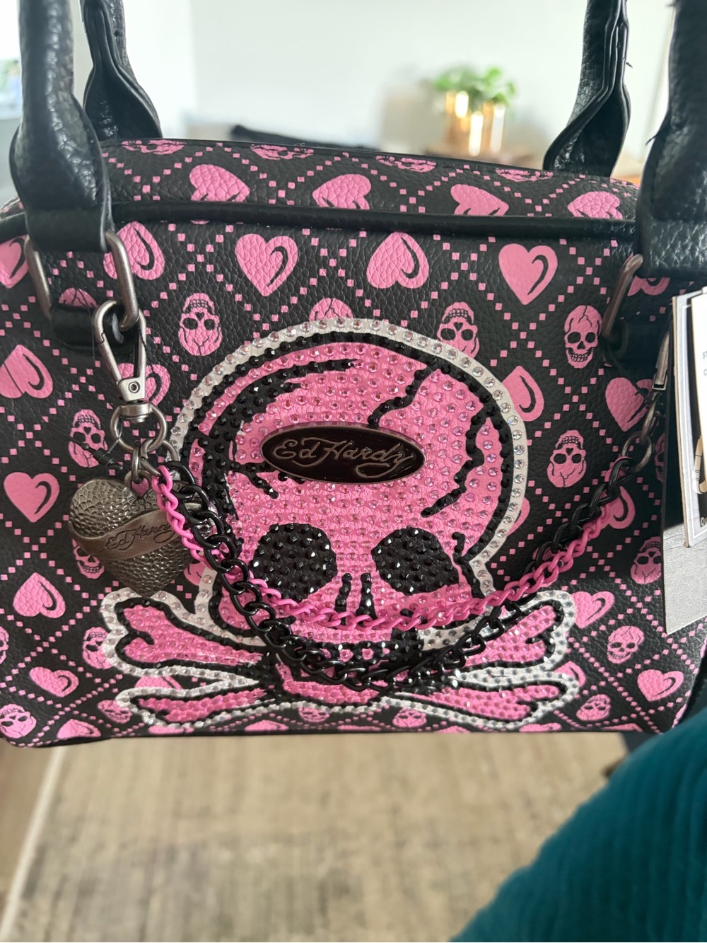 Ed Hardy Black & Pink Skull Satchel with Chain Accents